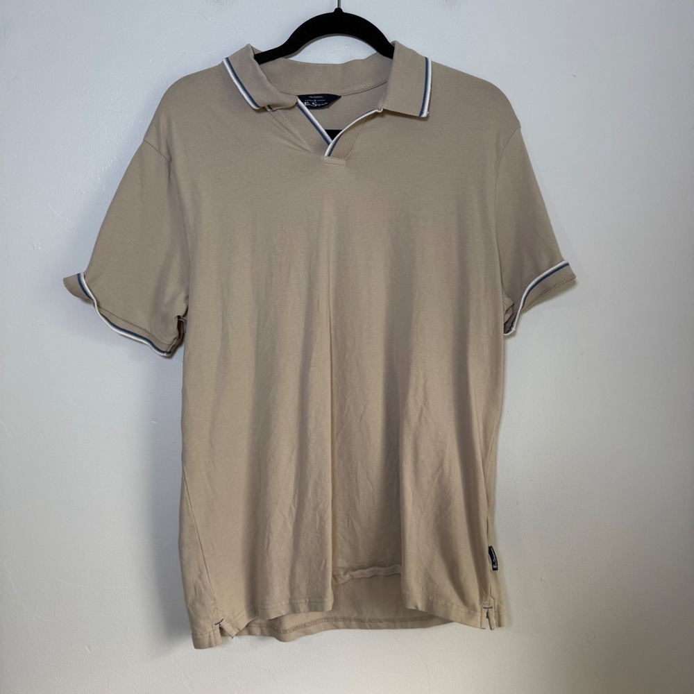 Ben Sherman Tipped V-Neck Cotton Stretch Polo Shirt Size Large Tan